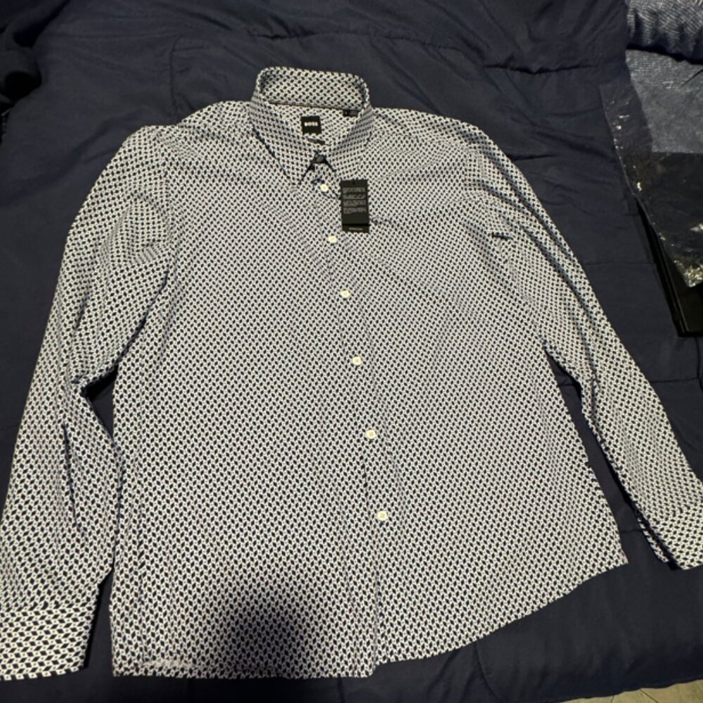 HUGO  BOSS  SHIRT SLIM-FIT SHIRT IN GEOMETRIC-PRINTED PERFORMANCE-STRETCH FABRIC